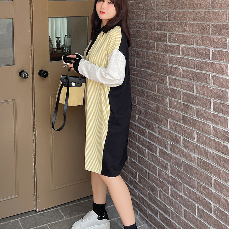 大きいサイズ レディース ラペル付きロングストライプTシャツワンピース LL 3L 4L 5L