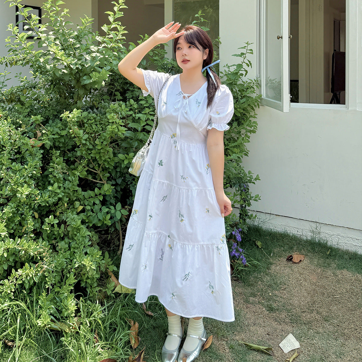 大きいサイズ レディース 草花刺繍入りリボンコットンティアードワンピース LL 3L 4L 5L