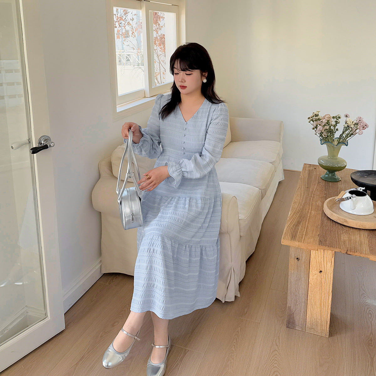 大きいサイズ レディース Vネック3段フリルステッチワンピース LL 3L 4L 5L