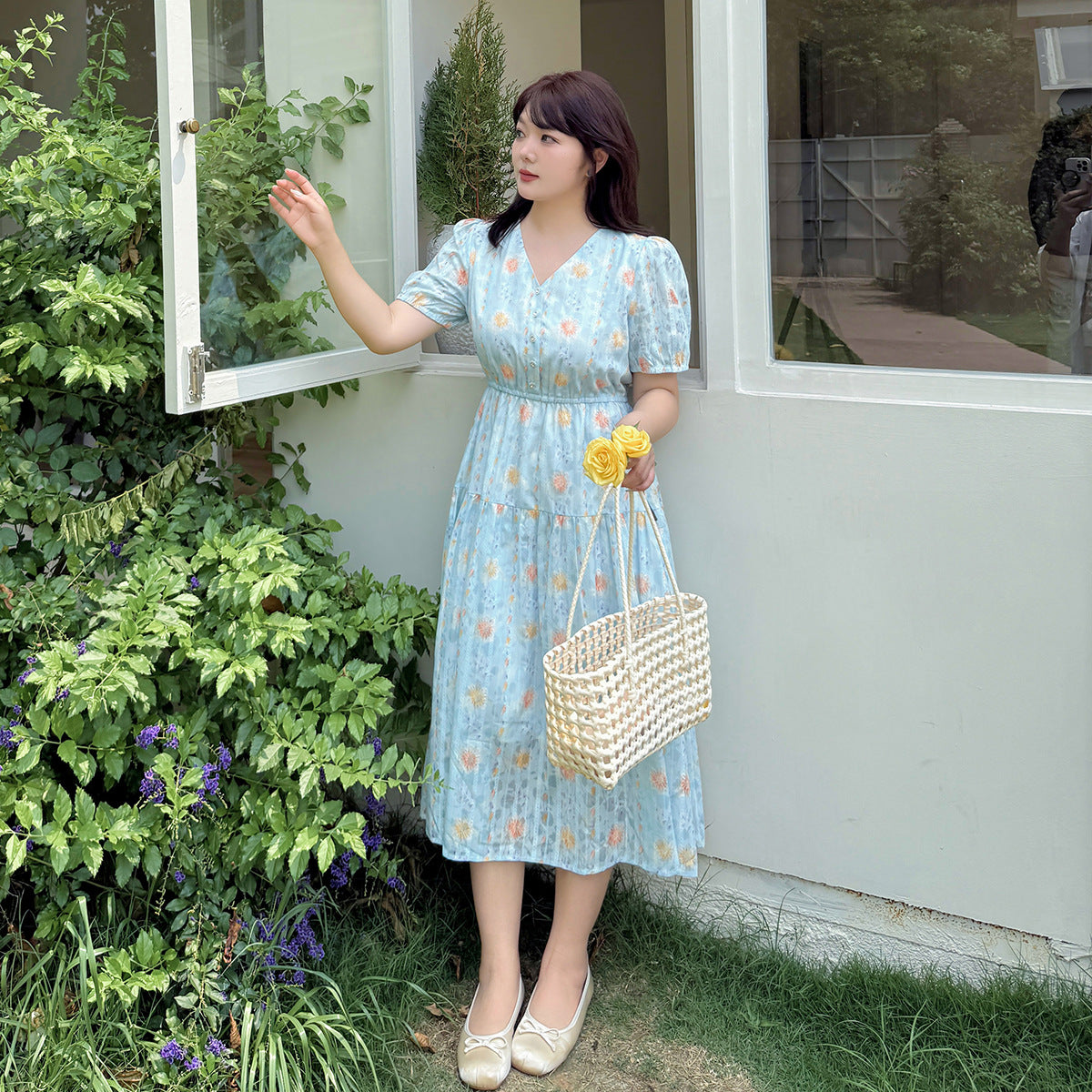 大きいサイズ レディース Vネック花柄ジャカードロングワンピース LL 3L 4L 5L