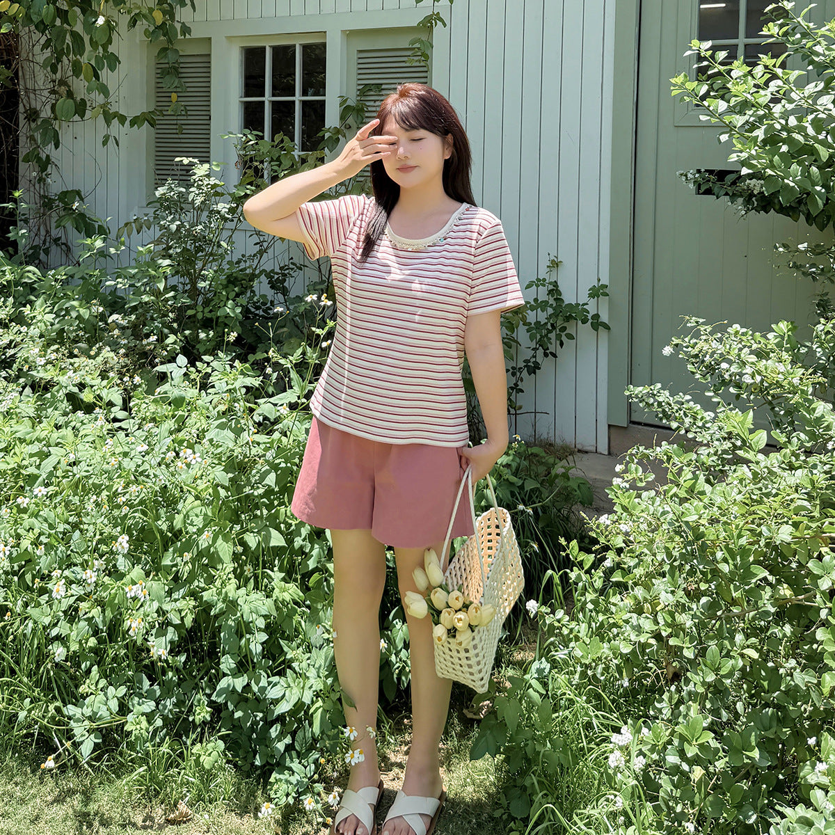 大きいサイズ レディース クルーネックストーン飾りストライプ半袖Tシャツ LL 3L 4L 5L
