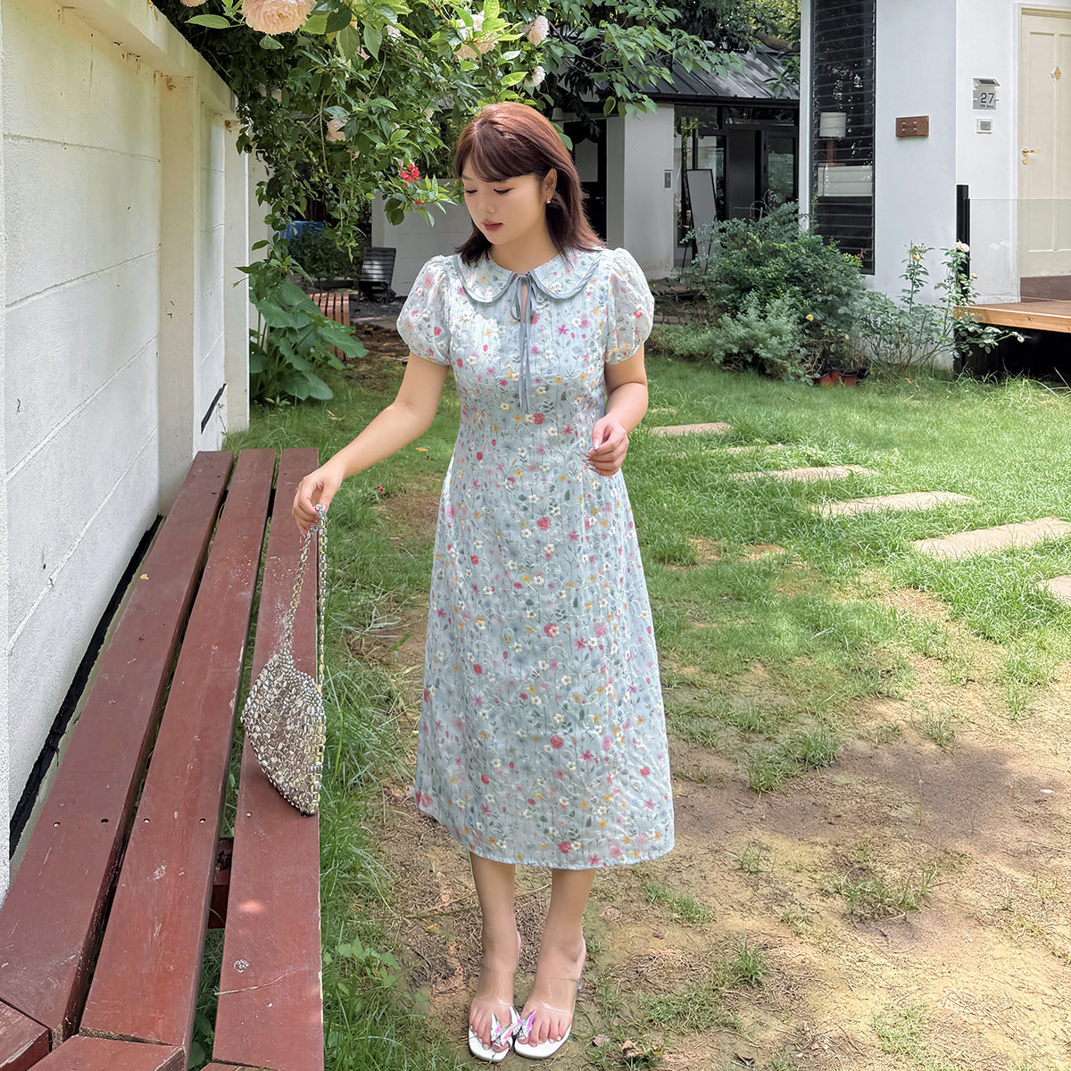 大きいサイズ レディース ドールカラーリボン小花柄プリント刺繍ワンピース LL 3L 4L 5L