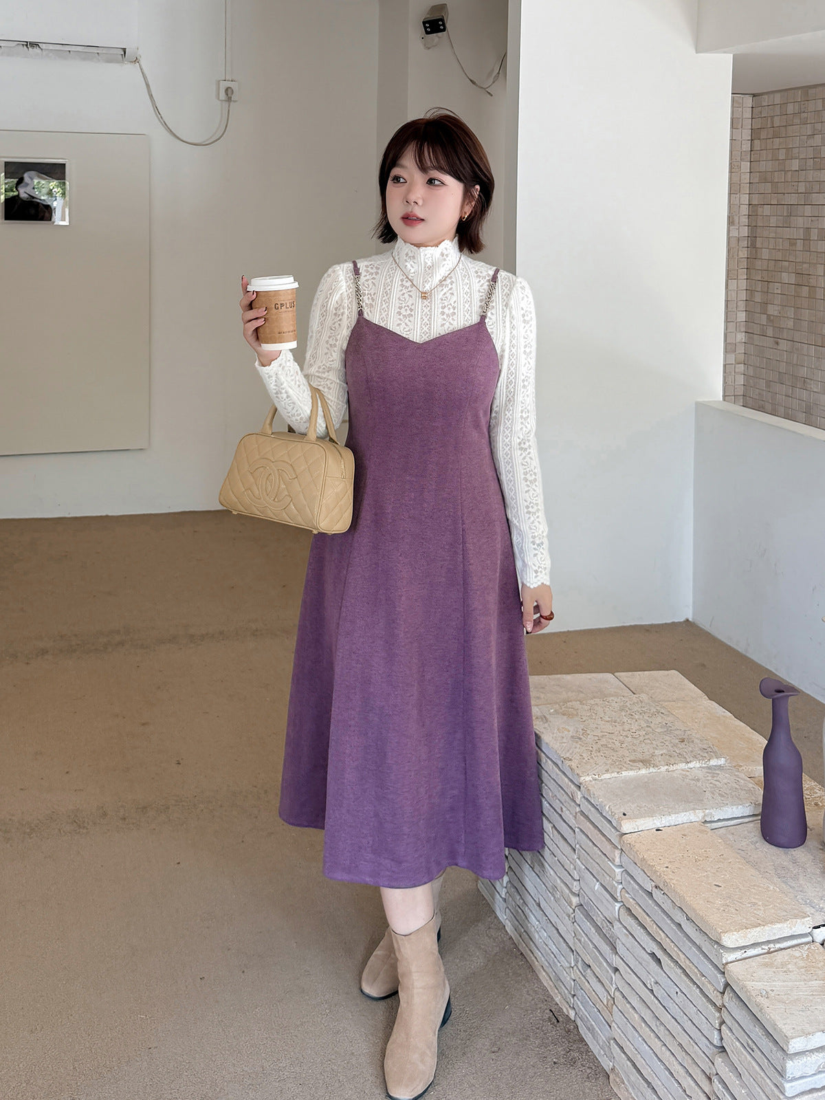 大きいサイズ レディース ツーピースセット(レーストップス+スリップワンピース) LL 3L 4L 5L