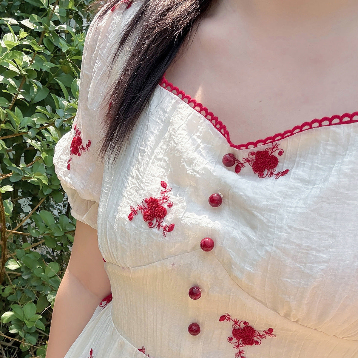 大きいサイズ レディース スクエアネック花刺繍フレンチワンピース LL 3L 4L 5L