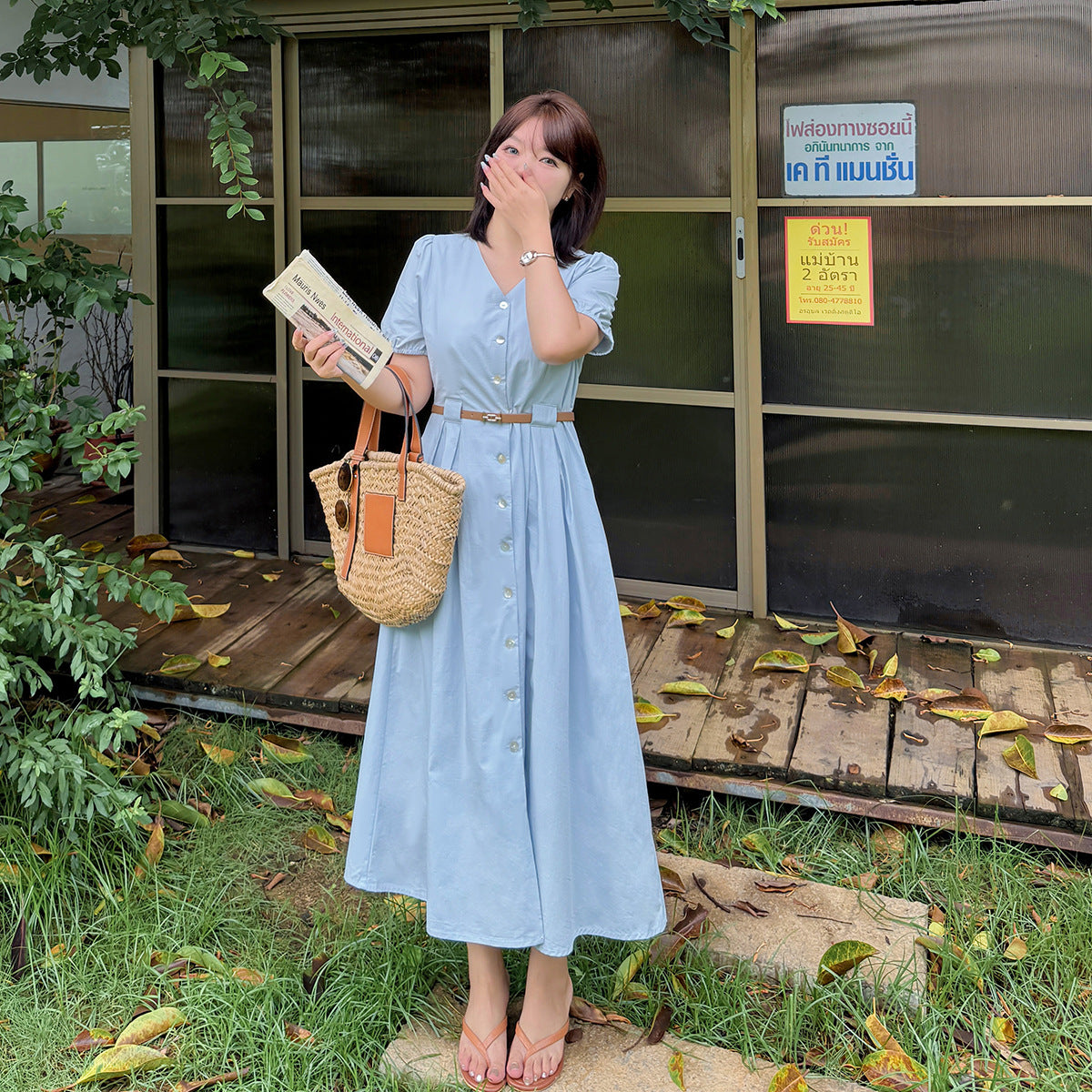 大きいサイズ レディース Vネックボタンダウンフレンチベルトコットンワンピース LL 3L 4L 5L