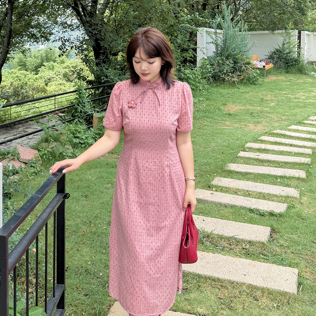 大きいサイズ レディース 花飾り付きリボンチャイナ風レトロジャガードドットワンピース LL 3L 4L 5L