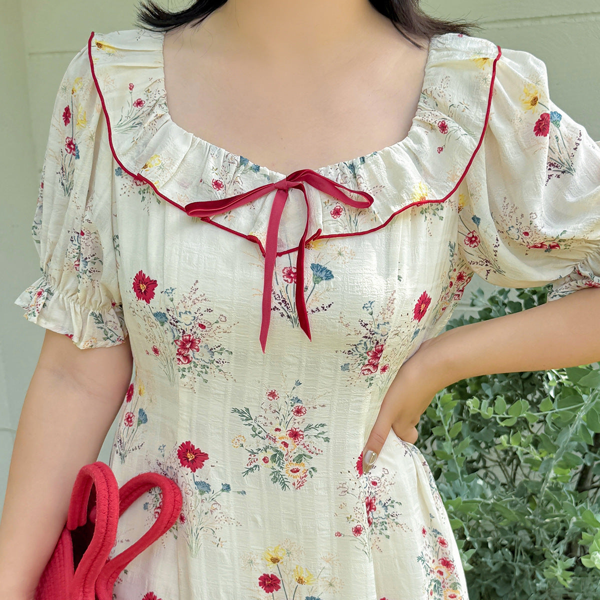 大きいサイズ レディース リボンフリル花柄プリントバブルスリーブワンピース LL 3L 4L 5L