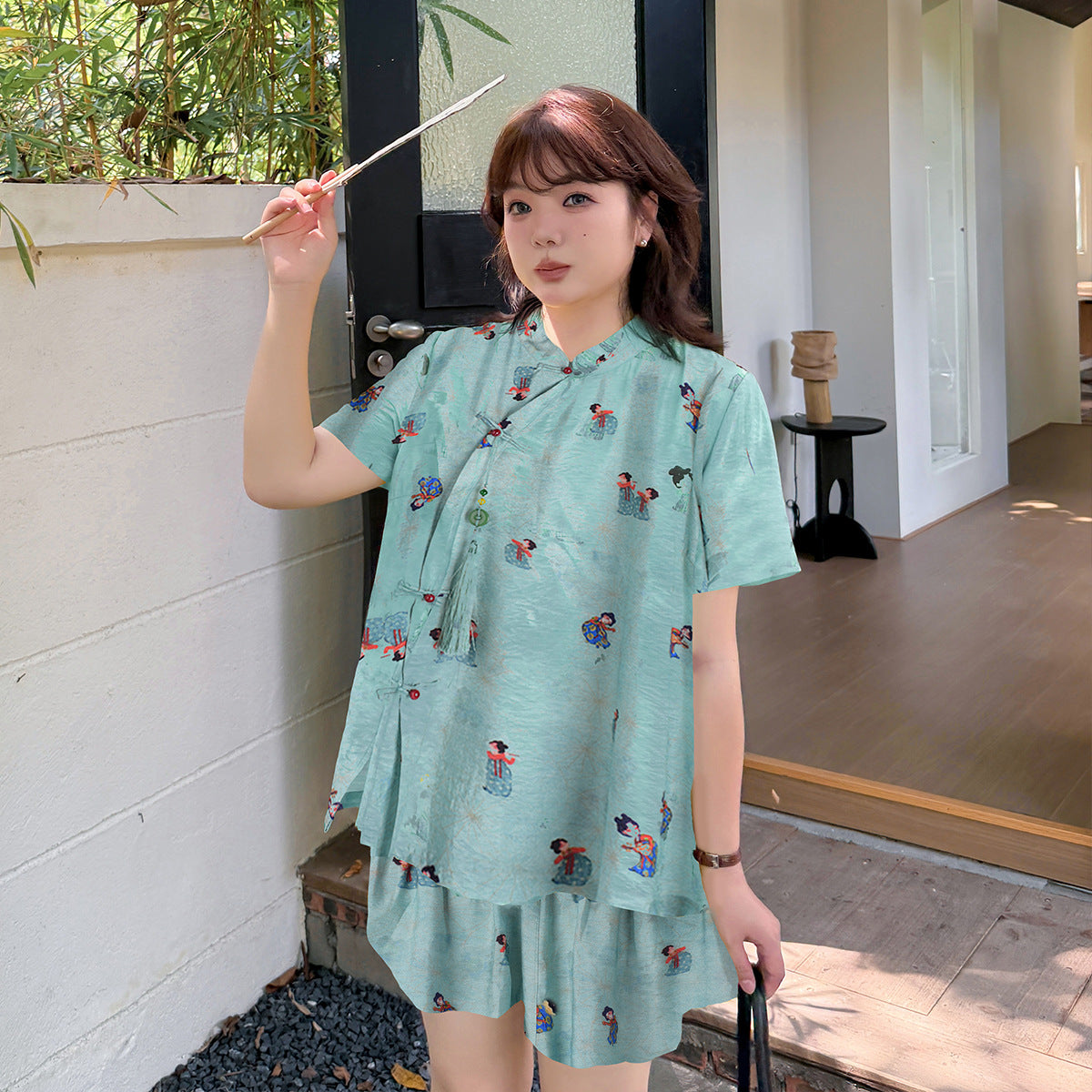 大きいサイズ レディース タッセルリボンチャイナ風プリントセットアップ(トップス&ショートパンツ) LL 3L 4L 5L
