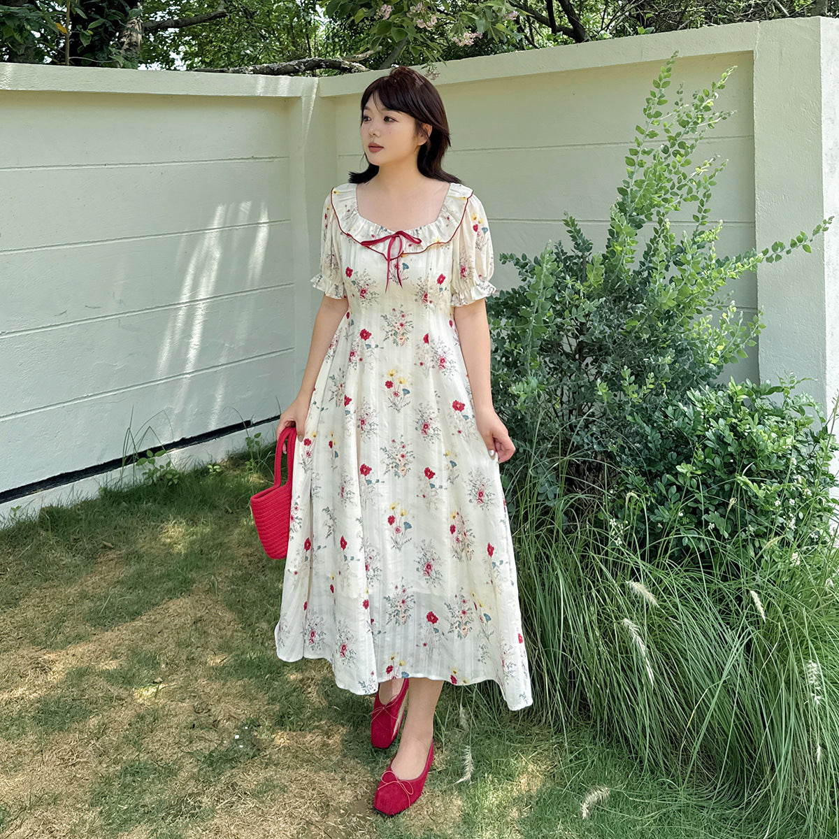 大きいサイズ レディース リボンフリル花柄プリントバブルスリーブワンピース LL 3L 4L 5L