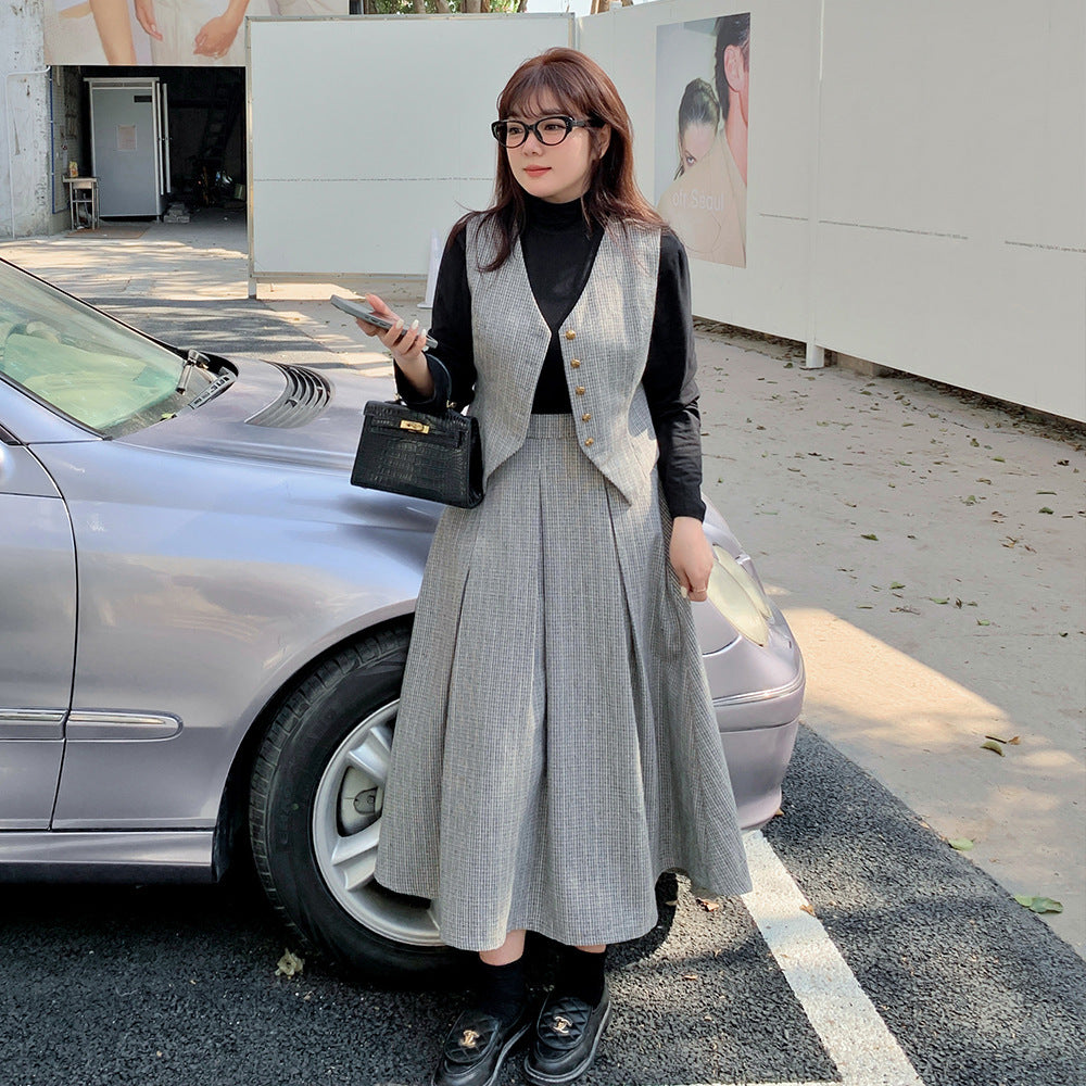 大きいサイズ レディース ショート丈ベスト+プリーツロングスカート2点セット LL 3L 4L 5L