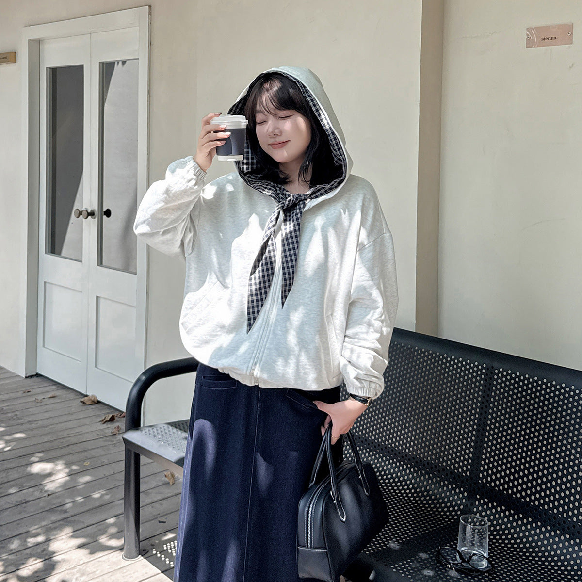 大きいサイズ レディース チェック柄リボンカジュアルパーカージャケット LL 3L 4L 5L