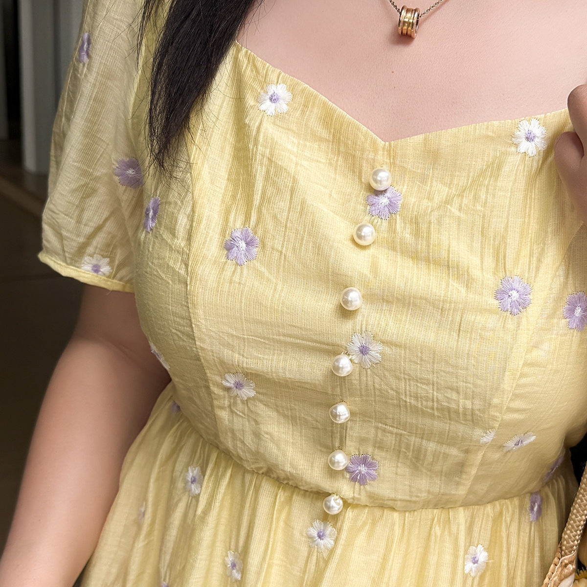 大きいサイズ レディース スクエアネック小花刺繍ワンピース LL 3L 4L 5L