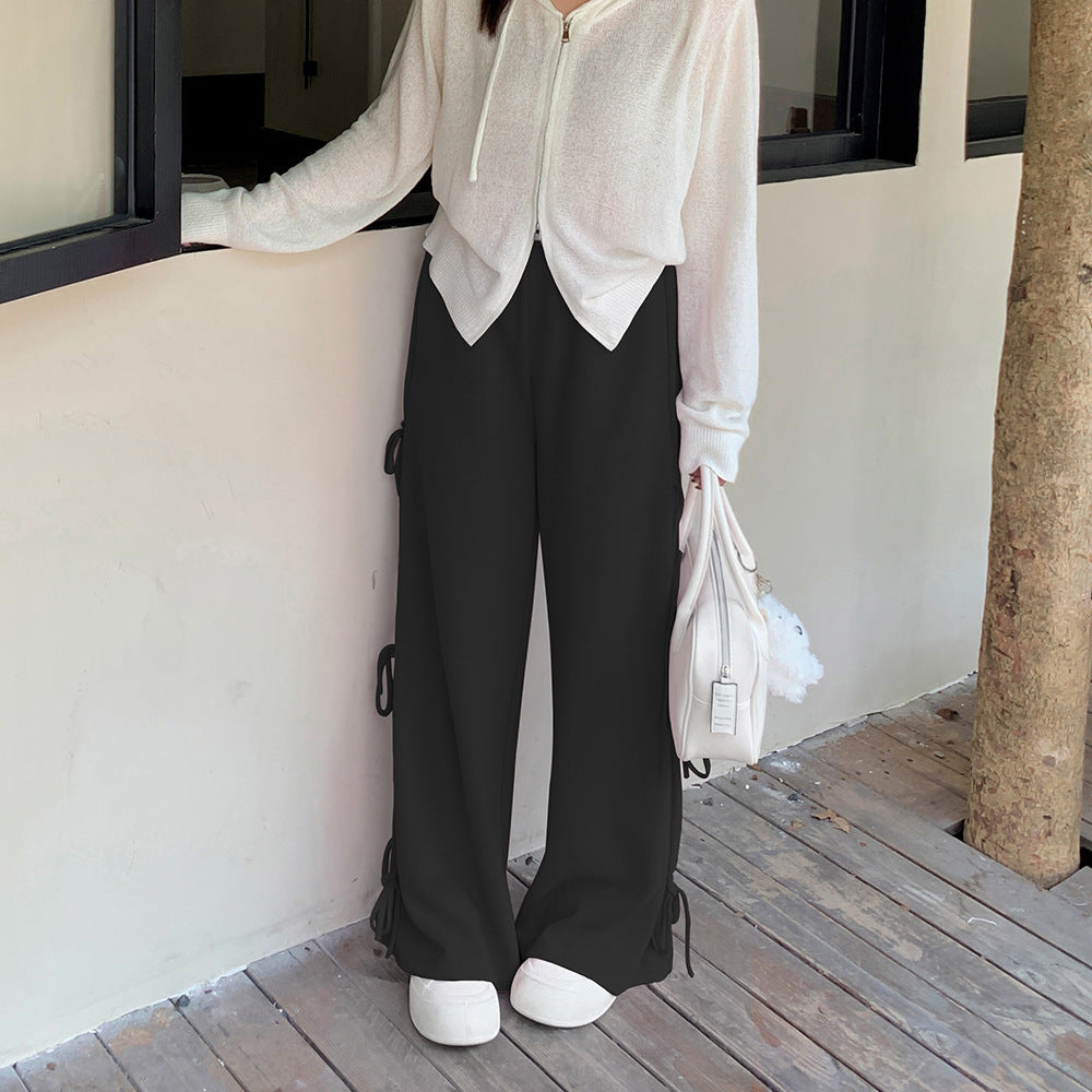 大きいサイズ レディース リボンレースアップニットワイドパンツ LL 3L 4L 5L