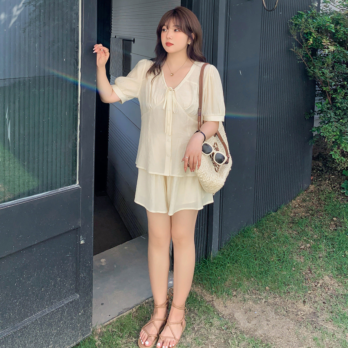 大きいサイズ レディース リボンフレンチセットアップ(トップス+ショートスカートパンツ) LL 3L 4L 5L