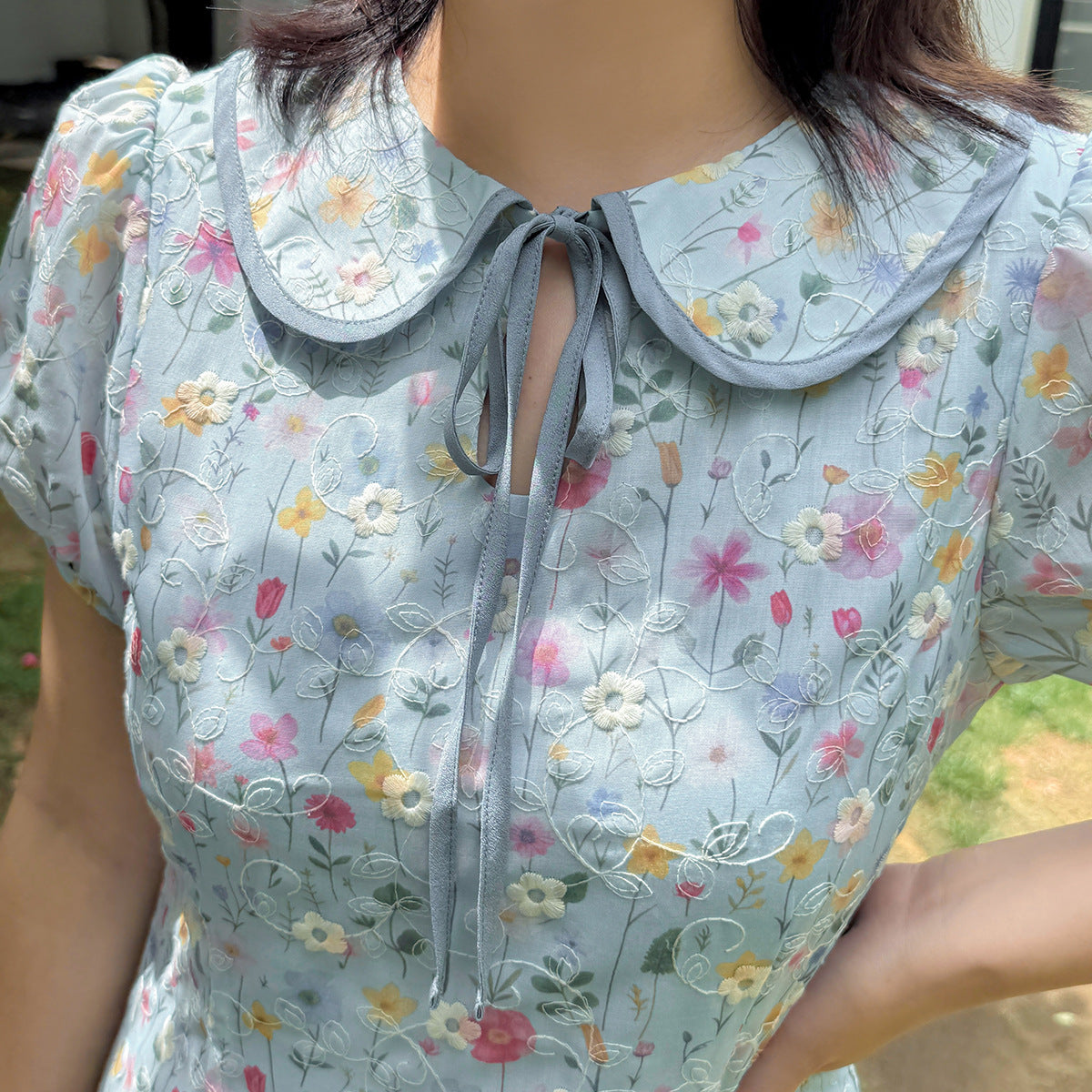 大きいサイズ レディース ドールカラーリボン小花柄プリント刺繍ワンピース LL 3L 4L 5L