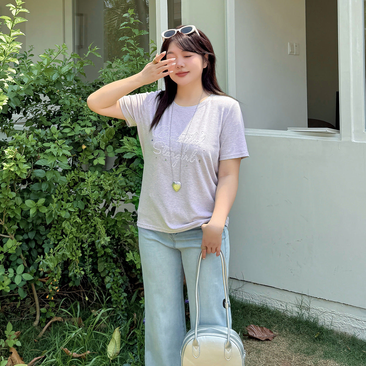 大きいサイズ レディース ビーズロゴ半袖カジュアルTシャツ LL 3L 4L 5L
