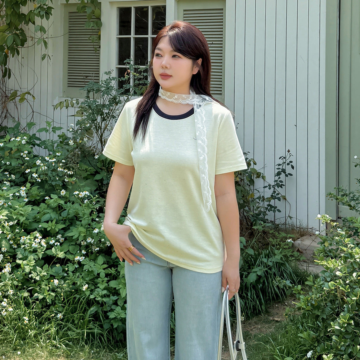 大きいサイズ レディース ラウンドネックシルバーフレーク半袖Tシャツ LL 3L 4L 5L