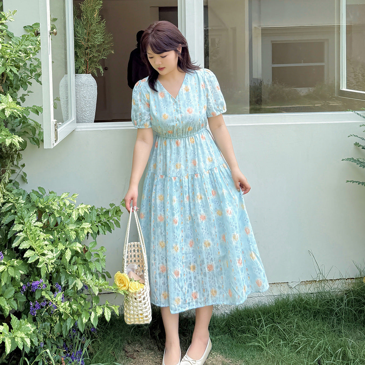 大きいサイズ レディース Vネック花柄ジャカードロングワンピース LL 3L 4L 5L