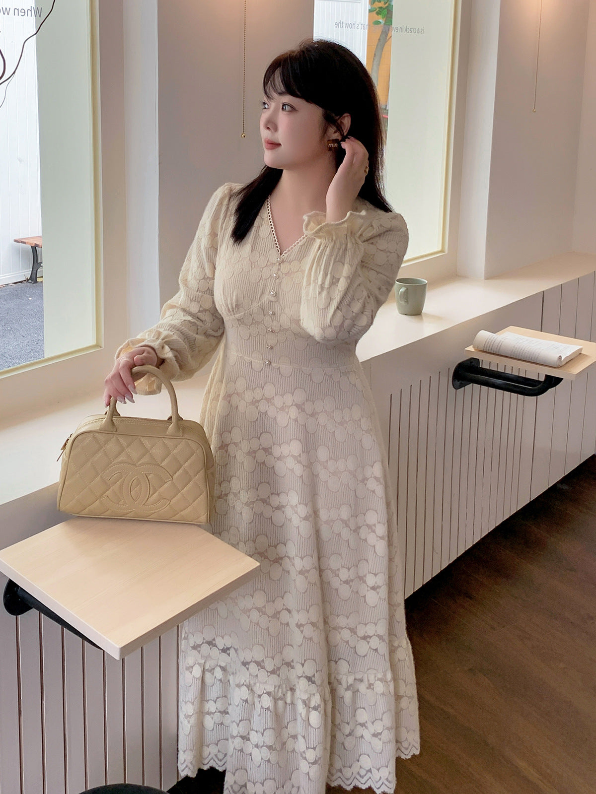 大きいサイズ レディース Vネックレースベルベットレトロワンピース LL 3L 4L 5L
