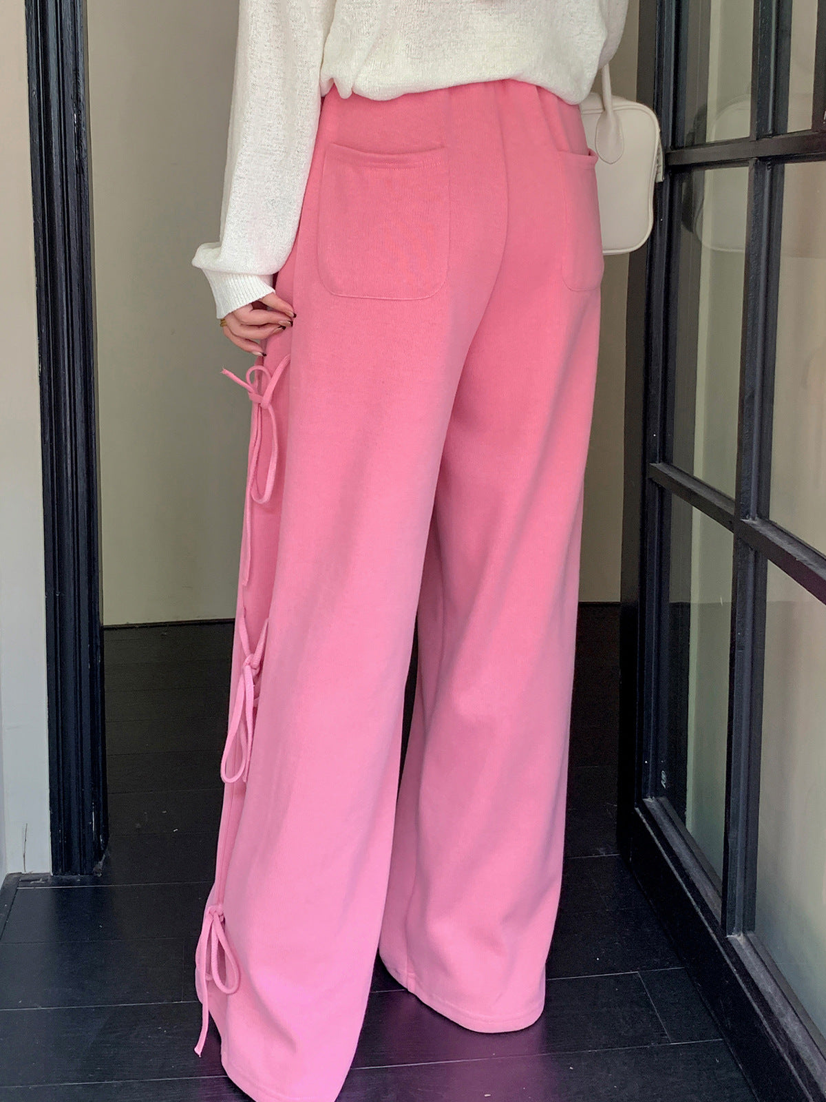大きいサイズ レディース リボンレースアップニットワイドパンツ LL 3L 4L 5L