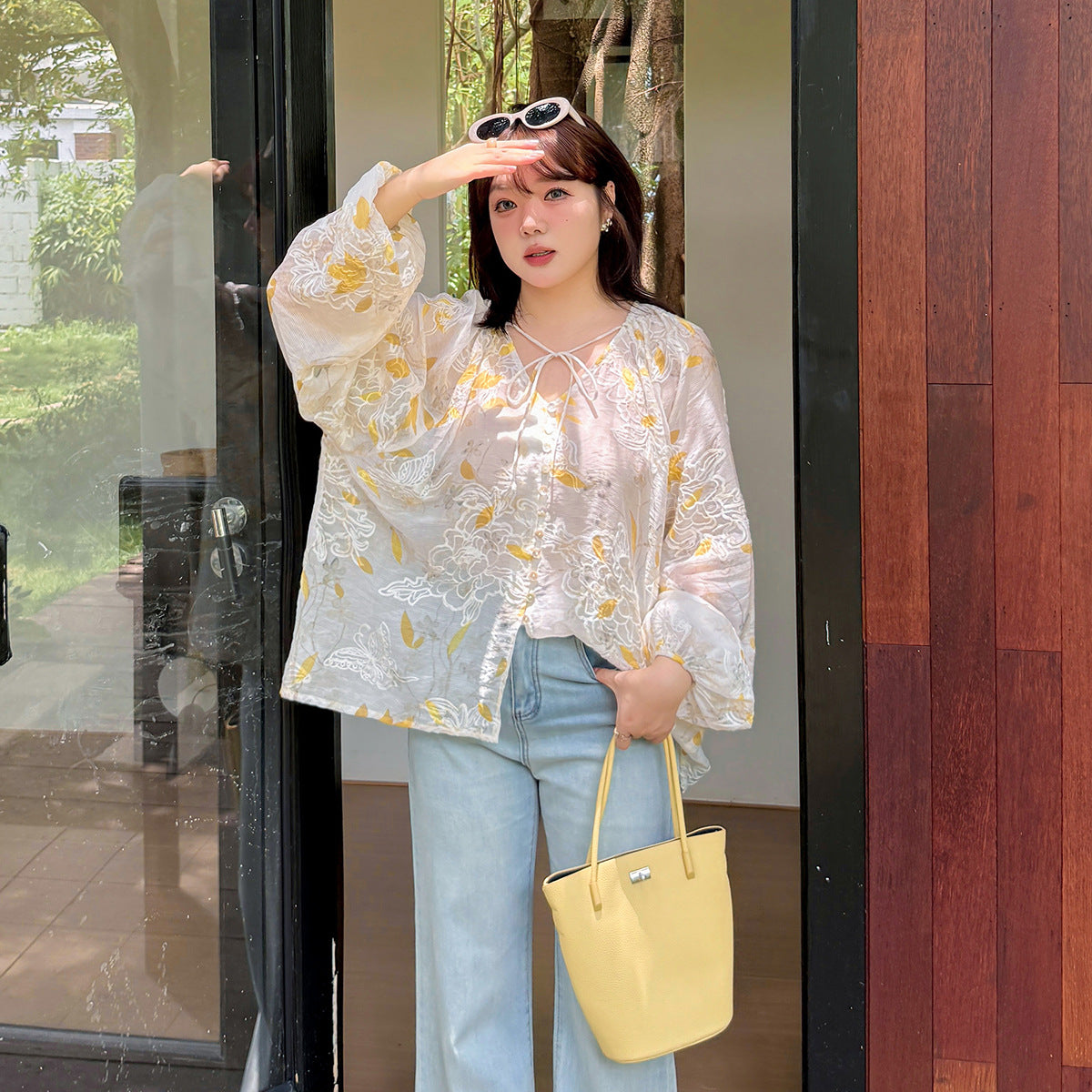 大きいサイズ レディース Vネック花柄のジャカード刺繍プリントブラウスシャツ LL 3L 4L 5L