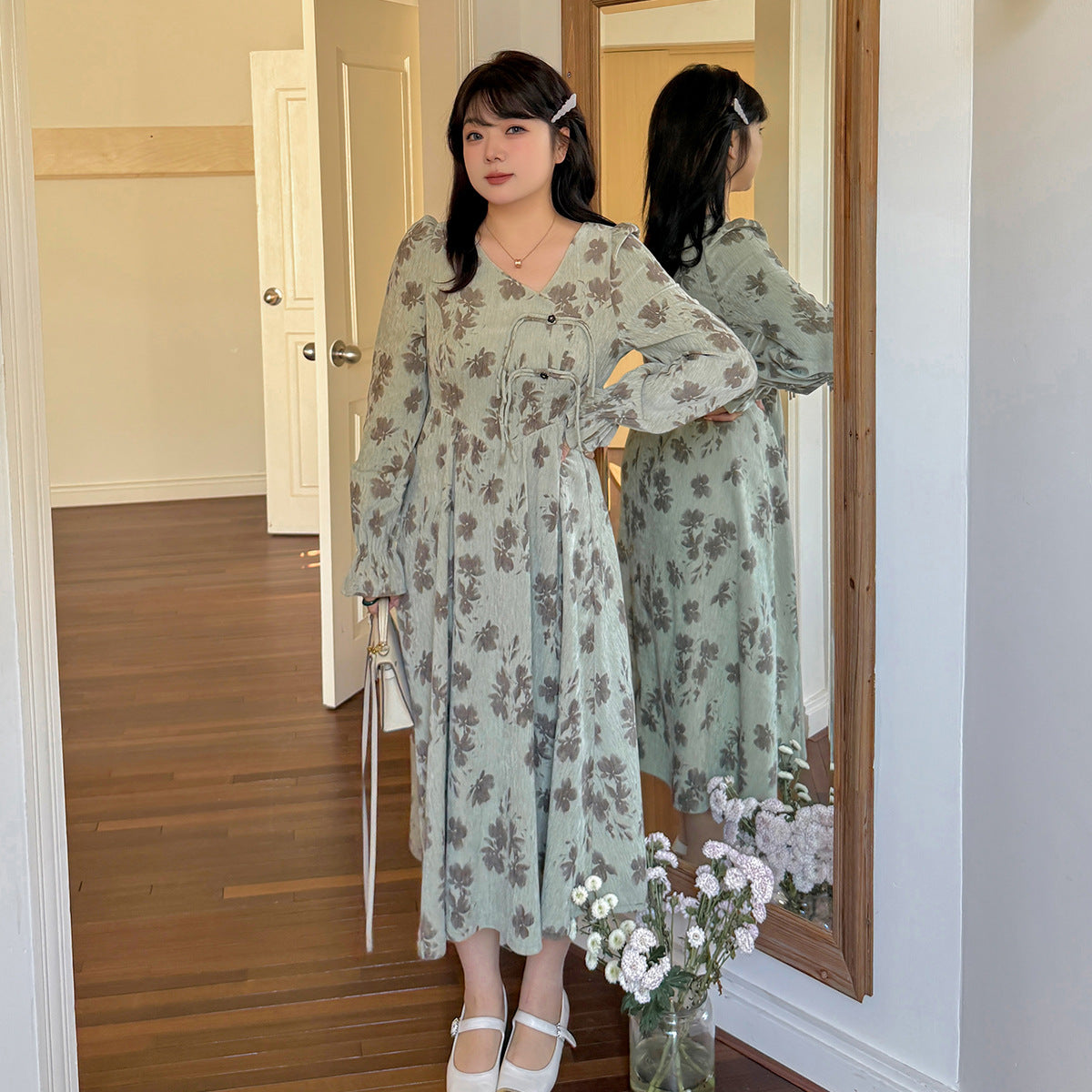 大きいサイズ レディース Vネック花柄プリントチャイナ風レトロワンピース LL 3L 4L 5L