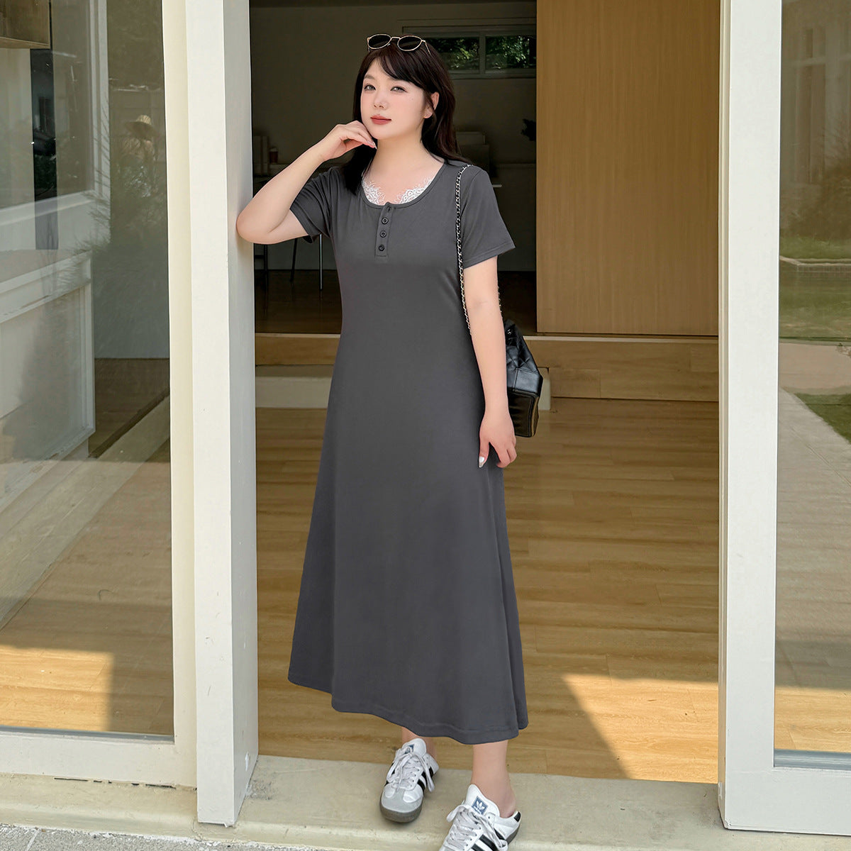 大きいサイズ レディース シンプルレースパッチワークワンピース(ロング/ショート丈) LL 3L 4L 5L