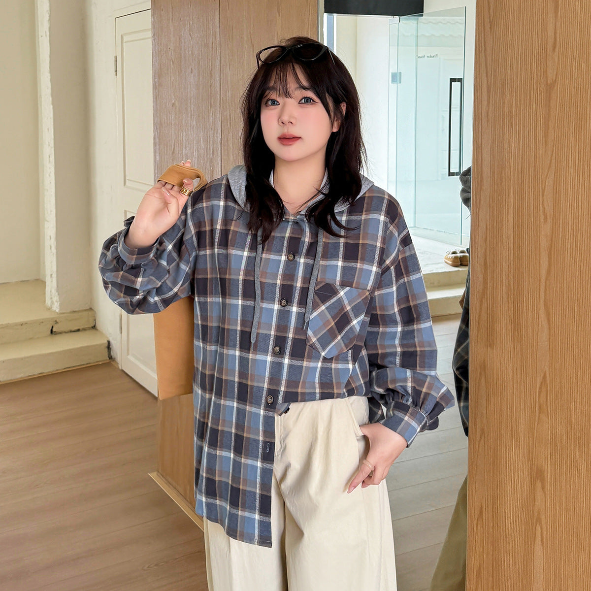 大きいサイズ レディース フード付きフェイクツーピースカジュアルチェックシャツ LL 3L 4L 5L