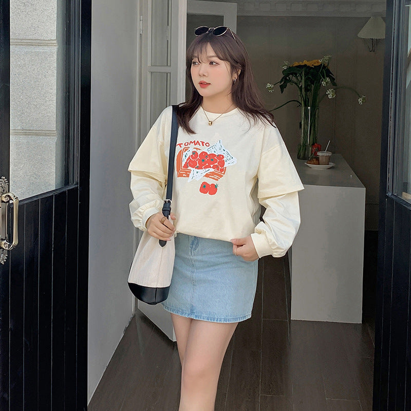 大きいサイズ レディース ラウンドネックフェイクツーピースTシャツ LL 3L 4L 5L