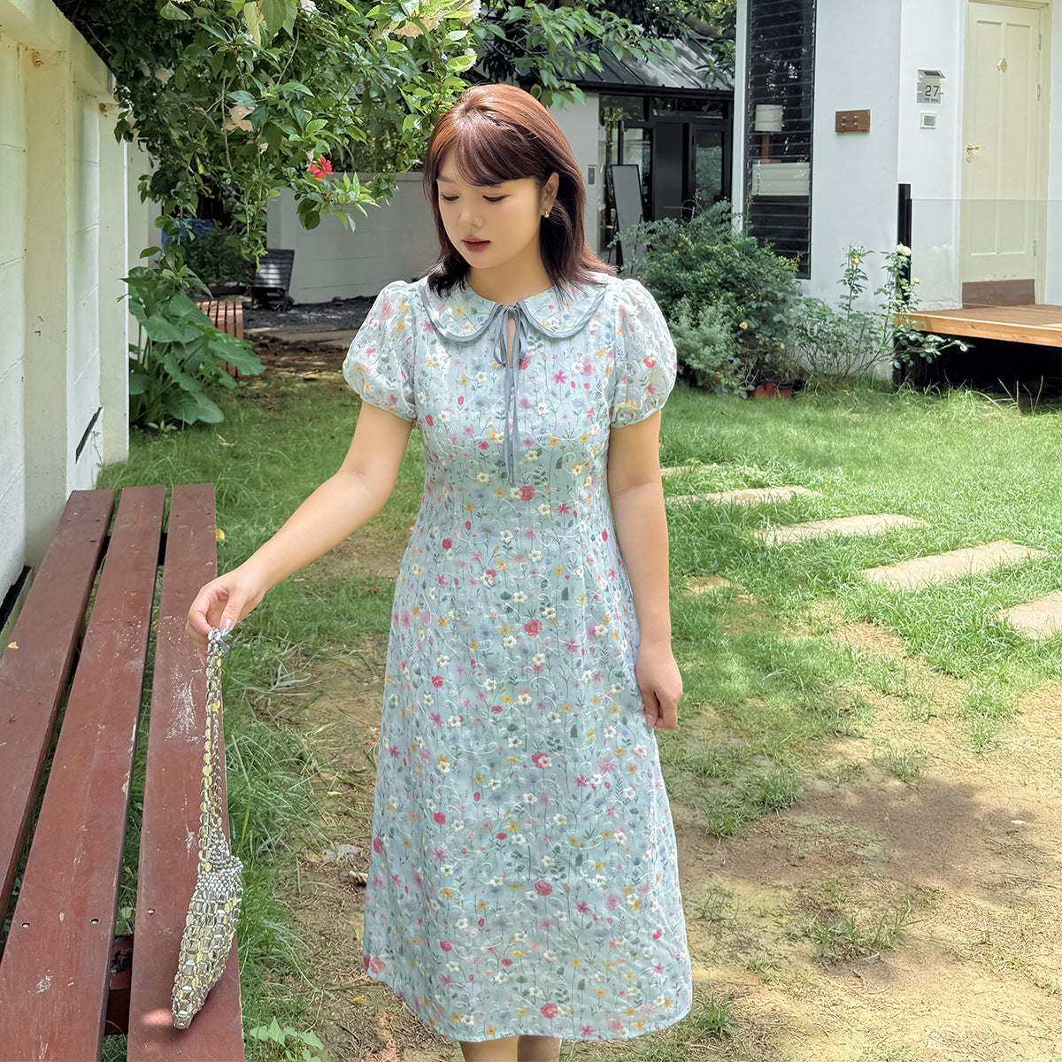 大きいサイズ レディース ドールカラーリボン小花柄プリント刺繍ワンピース LL 3L 4L 5L