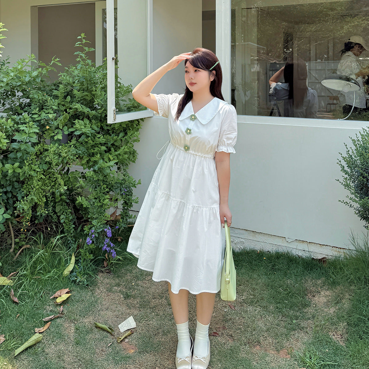 大きいサイズ レディース 小花ボタン飾りコットンフリルワンピース LL 3L 4L 5L