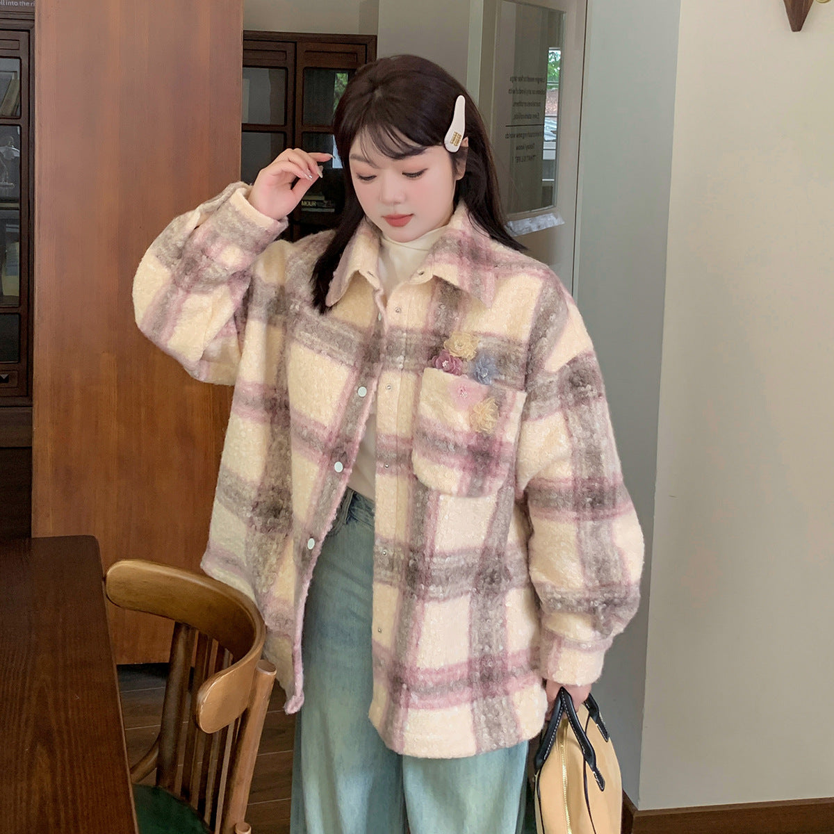 大きいサイズ レディース シルクフラワー付き厚手チェック柄シャツジャケット LL 3L 4L