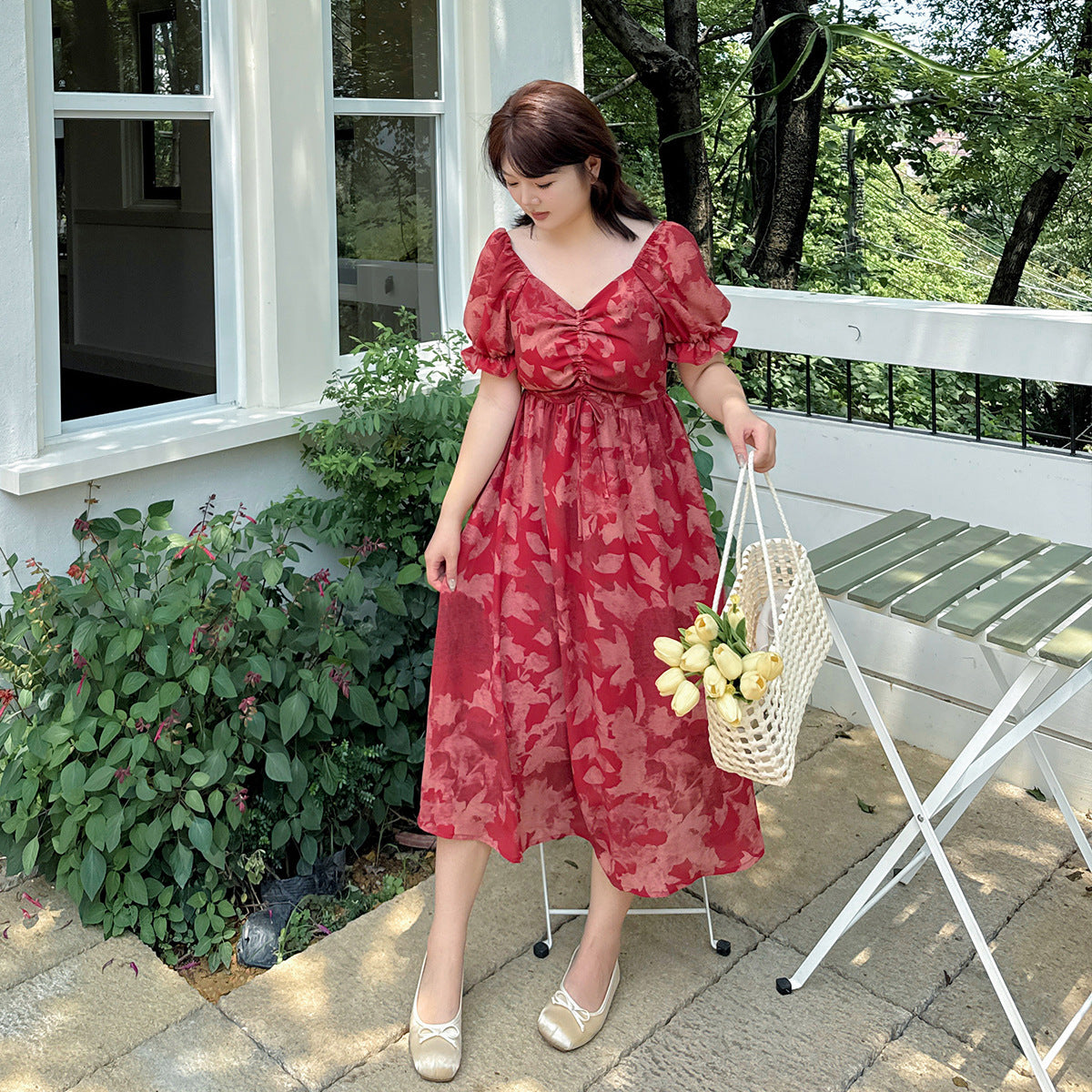 大きいサイズ レディース レッドカラープリントシフォンワンピース LL 3L 4L 5L