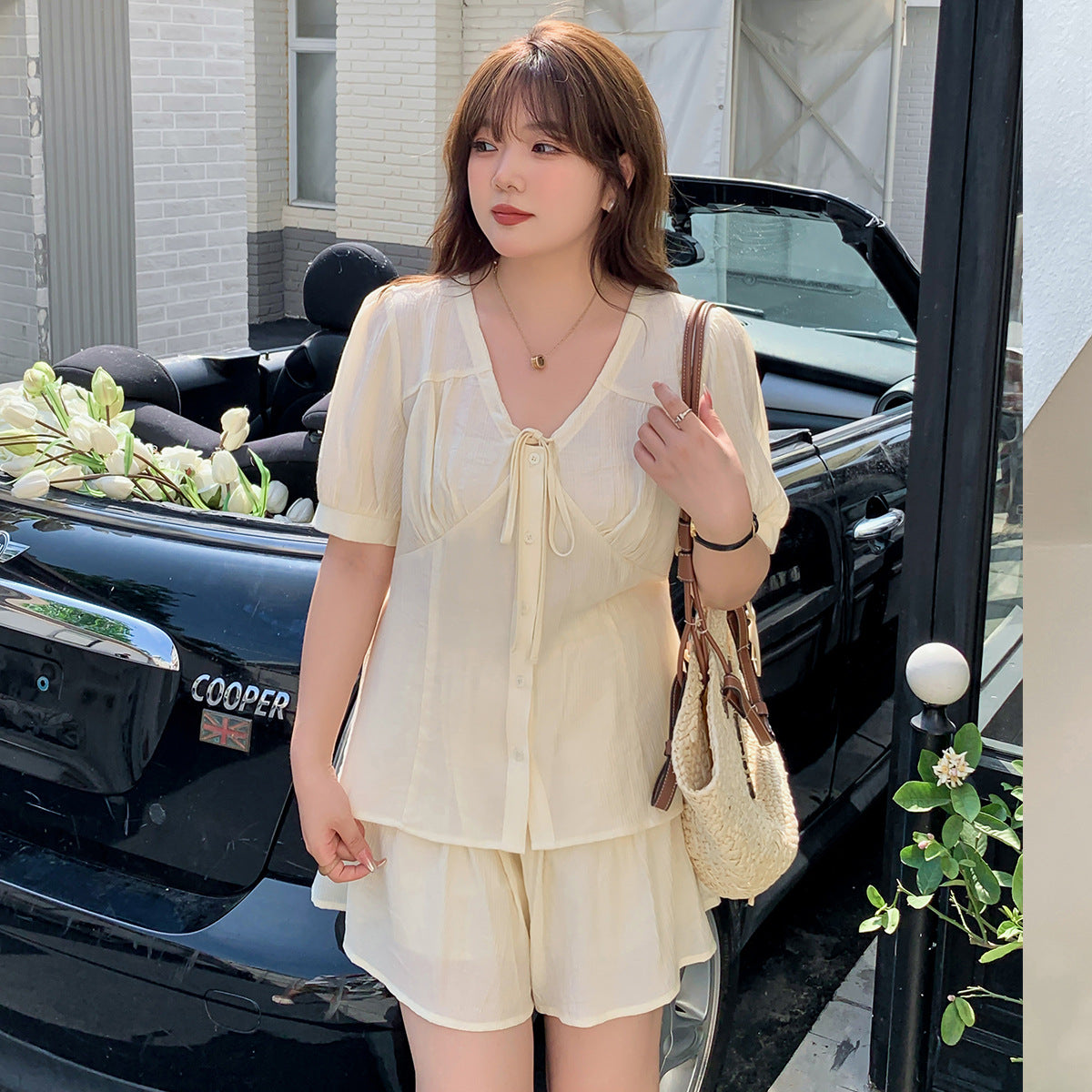 大きいサイズ レディース リボンフレンチセットアップ(トップス+ショートスカートパンツ) LL 3L 4L 5L
