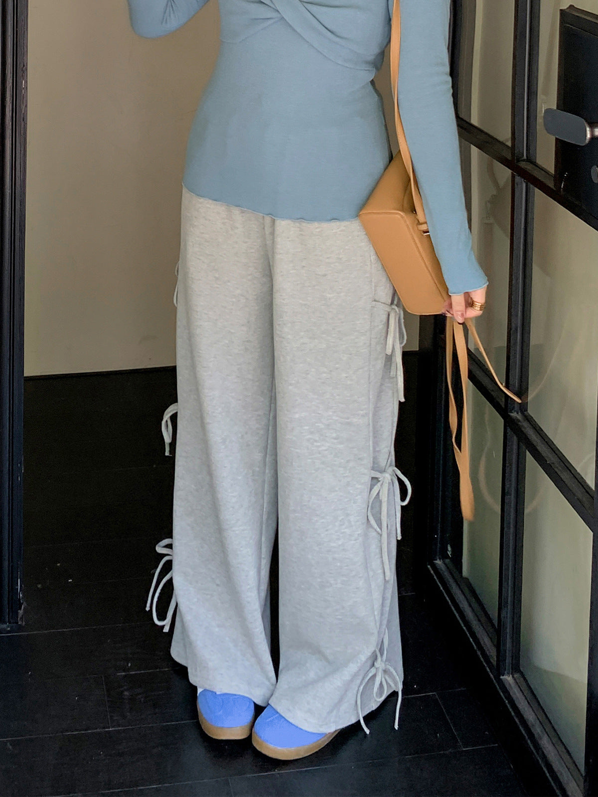 大きいサイズ レディース リボンレースアップニットワイドパンツ LL 3L 4L 5L
