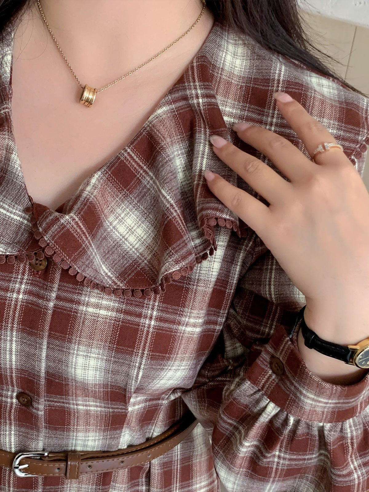 大きいサイズ レディース ラペルチェック柄ボタンダウンベルト付きワンピース LL 3L 4L 5L