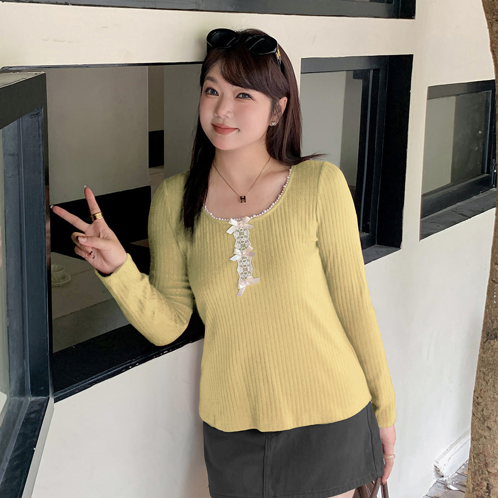 大きいサイズ レディース フロントリボンビーズポイントUネックニット LL 3L 4L 5L