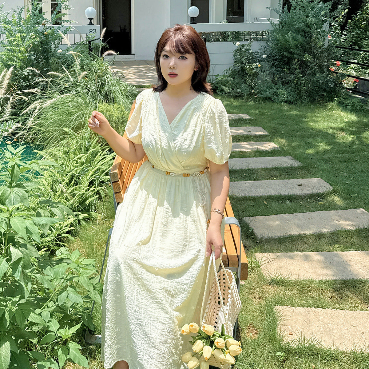 大きいサイズ レディース クロスVネックビーズベルトボヘミアンスタイルワンピース LL 3L 4L 5L