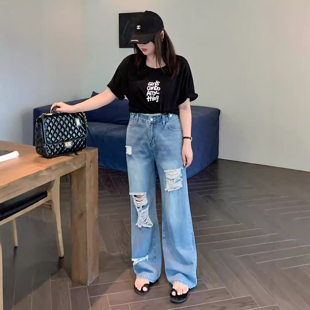 大きいサイズ レディース ハイウエストワイドレッグダメージデニム LL 3L 4L 5L