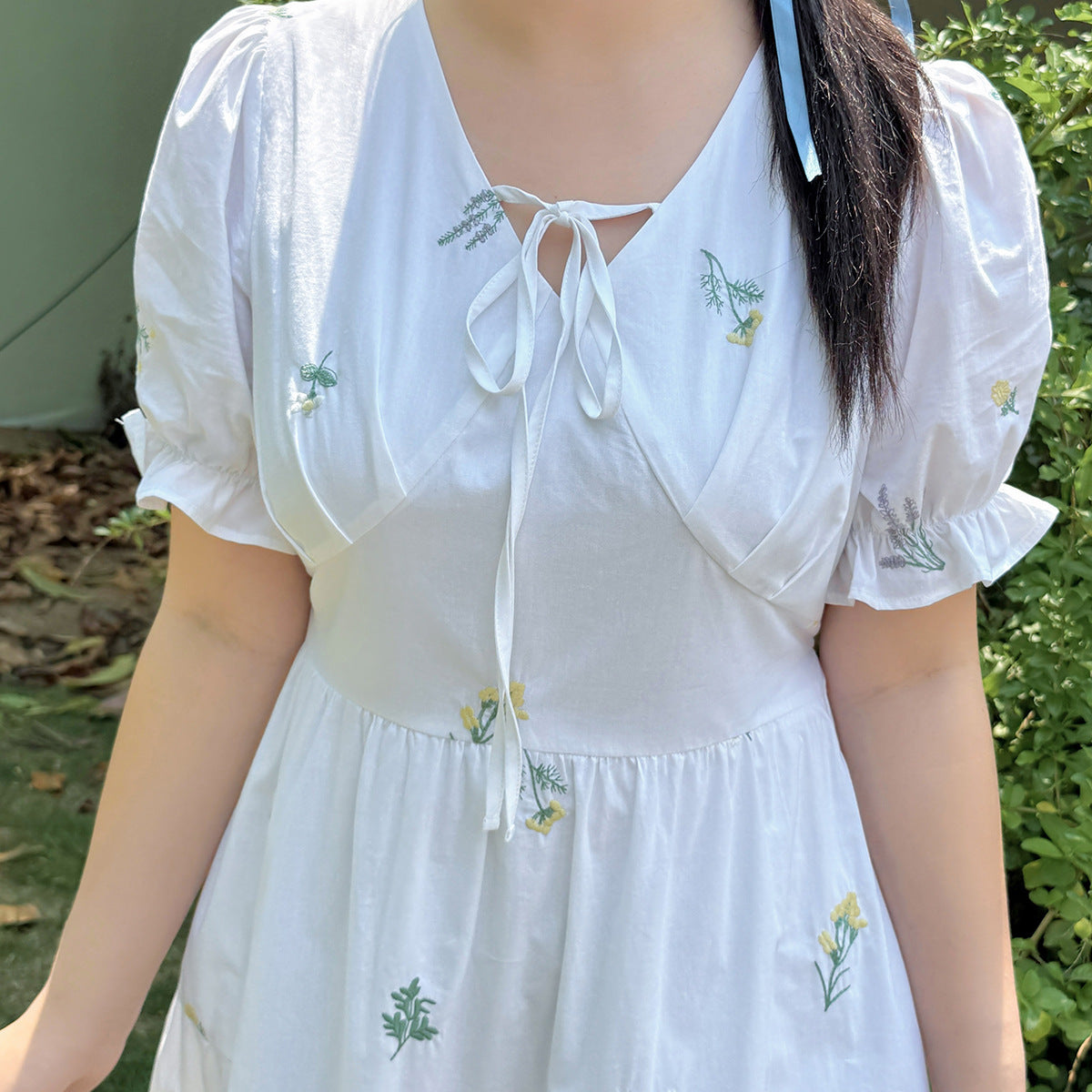 大きいサイズ レディース 草花刺繍入りリボンコットンティアードワンピース LL 3L 4L 5L