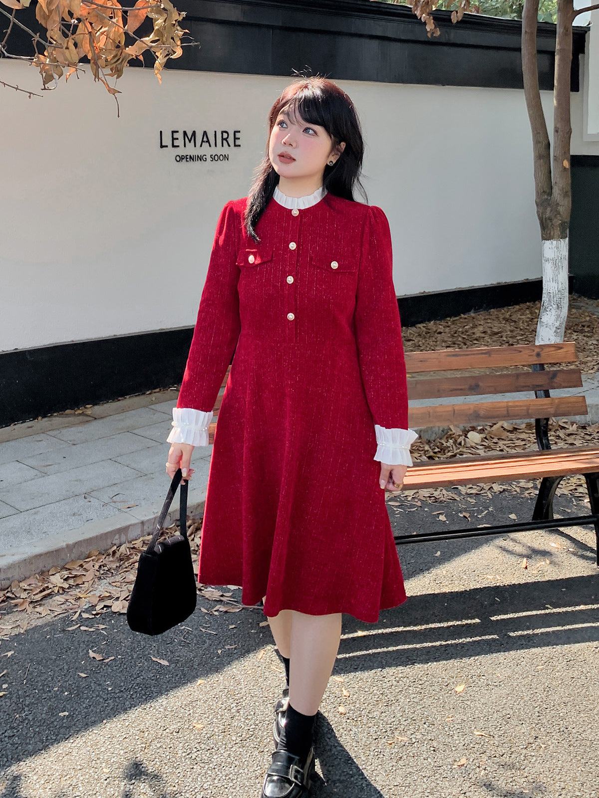 大きいサイズ レディース レース付きラウンドネックベルベットワンピース LL 3L 4L 5L