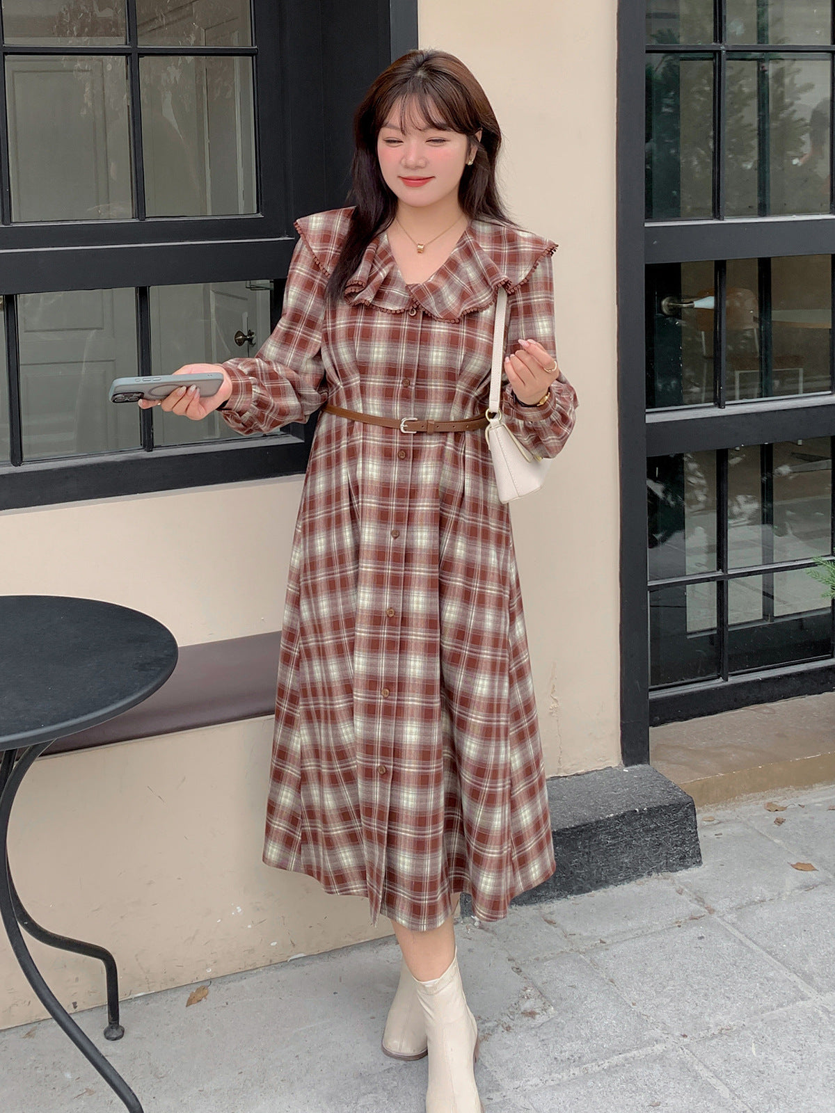 大きいサイズ レディース ラペルチェック柄ボタンダウンベルト付きワンピース LL 3L 4L 5L