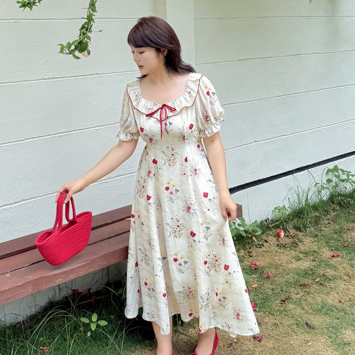 大きいサイズ レディース リボンフリル花柄プリントバブルスリーブワンピース LL 3L 4L 5L
