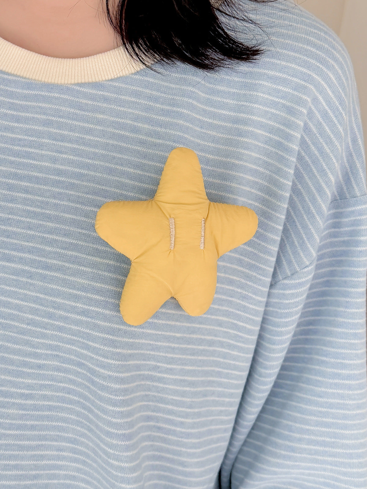 大きいサイズ レディース 星飾り付きラウンドネックニット長袖ストライプTシャツ LL 3L 4L 5L