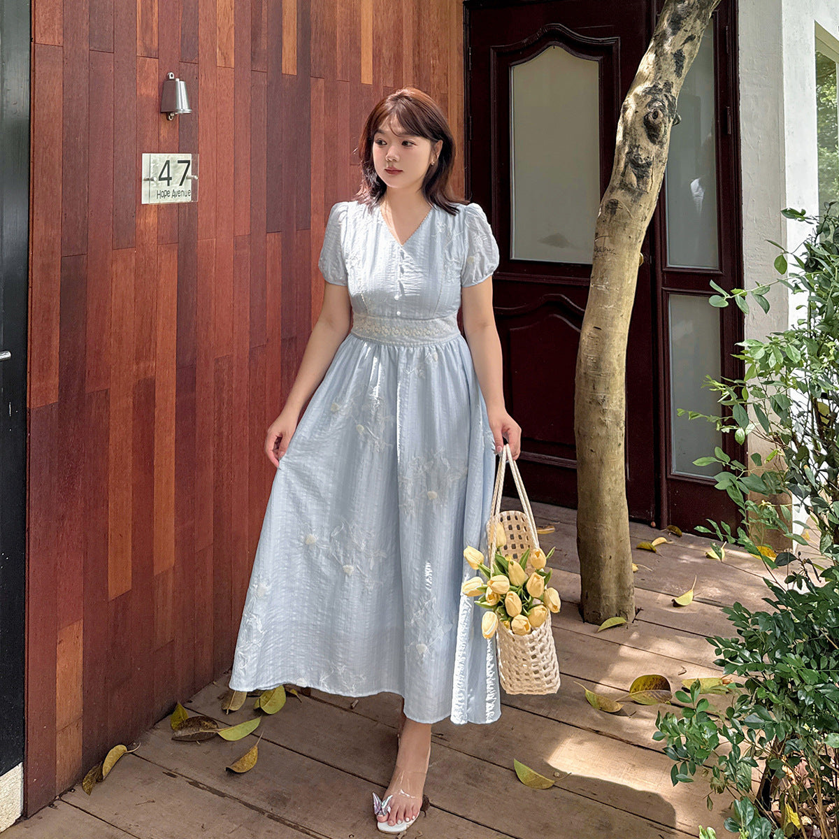 大きいサイズ レディース Vネック花柄レースウエストスパンコール刺繍ワンピース LL 3L 4L 5L
