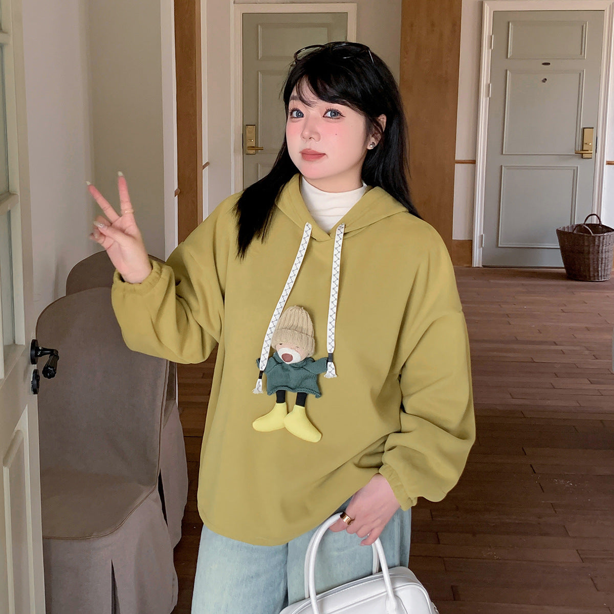 大きいサイズ レディース 帽子くまのマスコット付きベルベットパーカー LL 3L 4L 5L