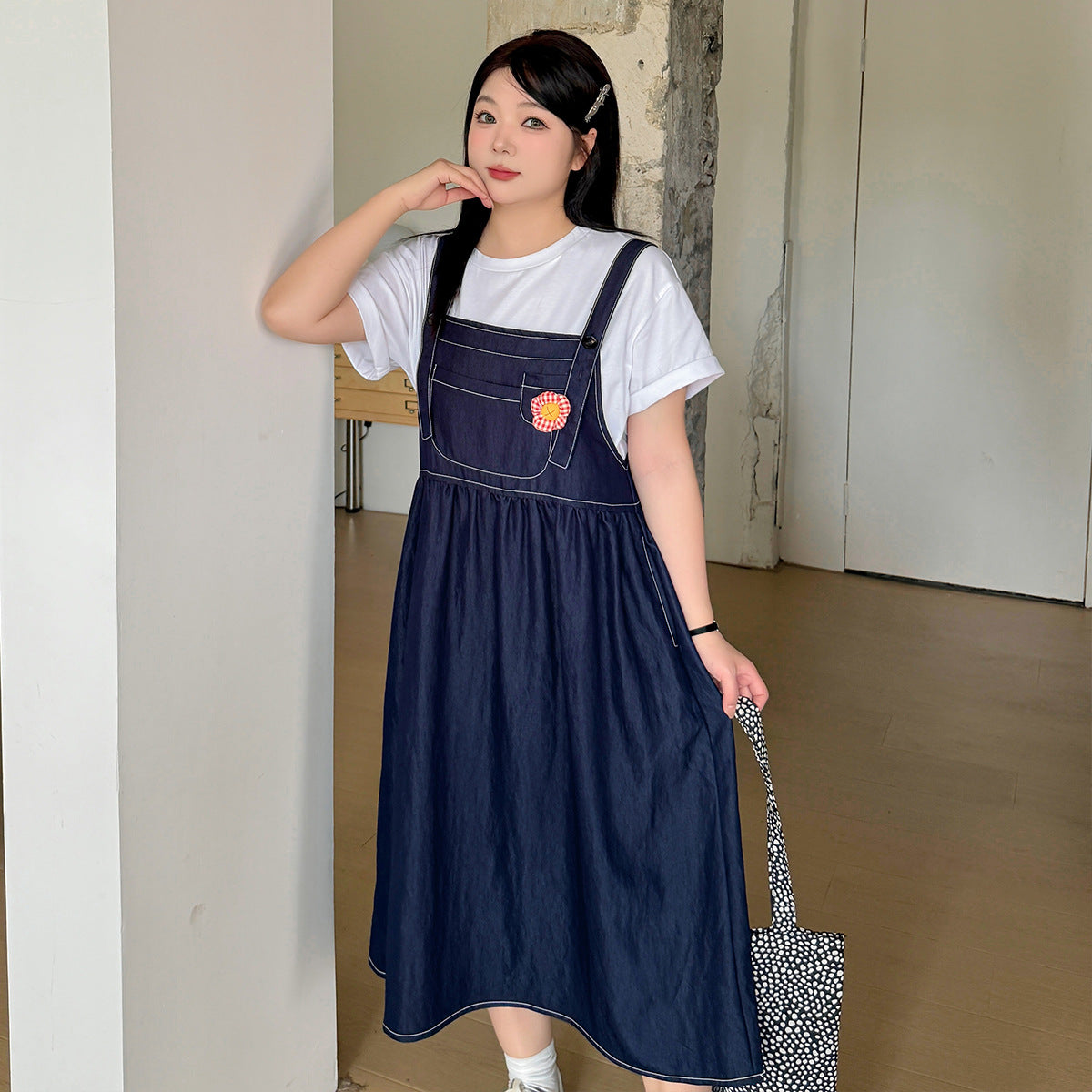 大きいサイズ レディース 花飾り付デニムサロペット LL 3L 4L 5L