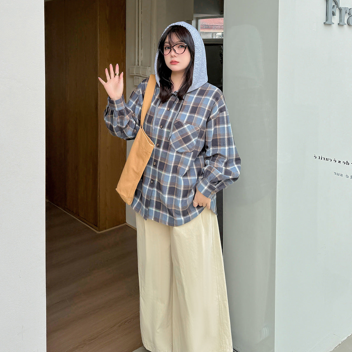 大きいサイズ レディース フード付きフェイクツーピースカジュアルチェックシャツ LL 3L 4L 5L