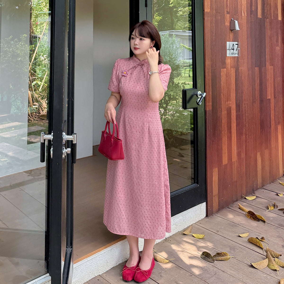 大きいサイズ レディース 花飾り付きリボンチャイナ風レトロジャガードドットワンピース LL 3L 4L 5L