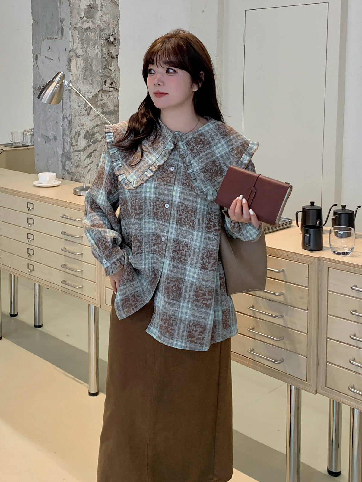 大きいサイズ レディース ビックラペルフリルチェック柄シャツ LL 3L 4L 5L